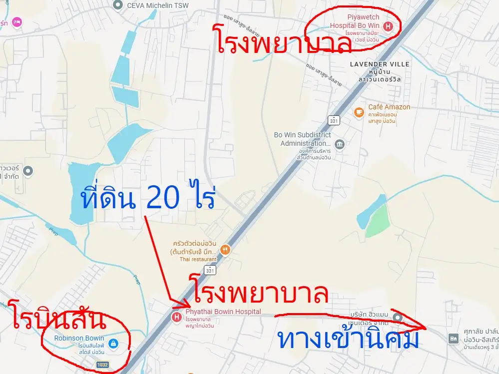 Land for sale adjacent to Phyathai Bowin Hospital.ขายที่ดินติดโรงพยาบาลพญาไทบ่อวิน , ใกล้โรบินสัน , ติดโรงพยาบาลพญาไท และตรงข้ามมีโรงพยาบาลสมิติเวช เนื้อที่ 20 ไร่ 2 งานเศษอยู่ปากทางเข้านิคมอุตสาหกรรมอยู่ติดถนน 331 ทำเลดีมาก ไร่ละ 15 ล้านครับ ถูกที่สุดในร